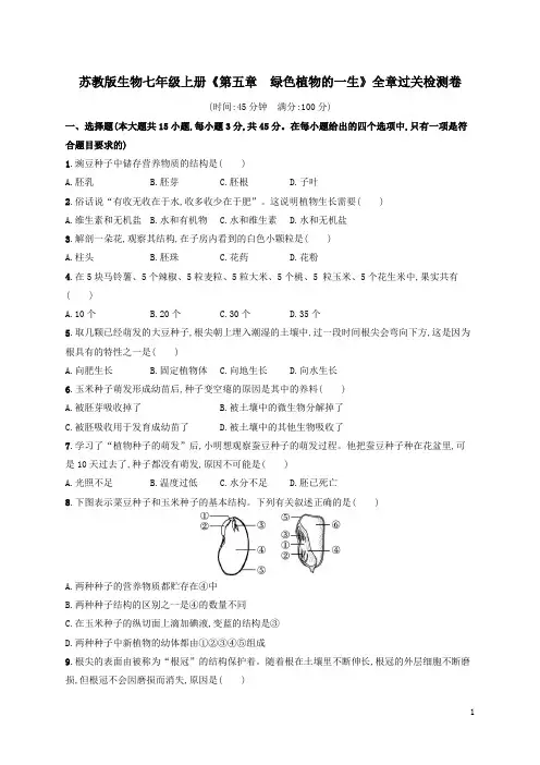 苏教版生物七年级上册《第五章  绿色植物的一生》全章过关检测卷