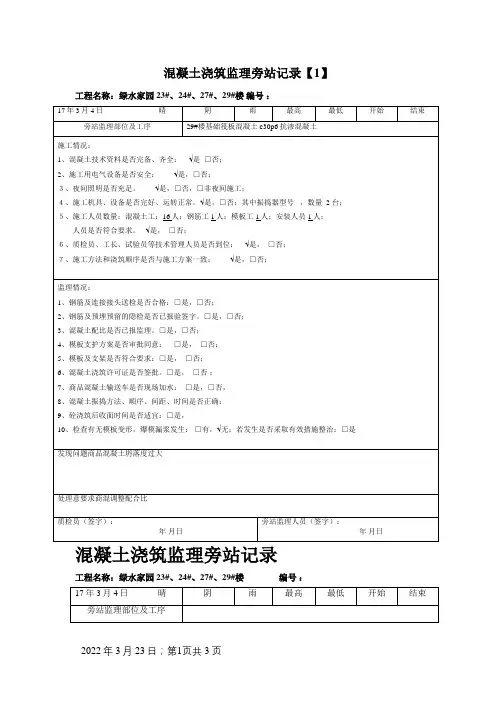 混凝土浇筑监理旁站记录(完整)