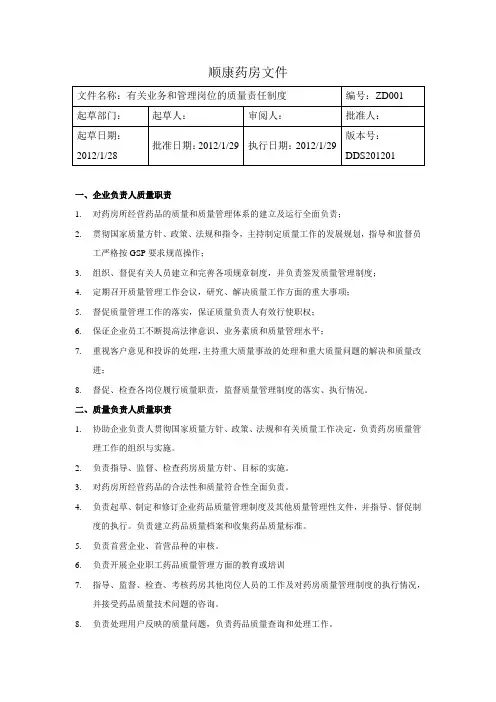 药房药店有关业务和管理岗位的质量责任制度