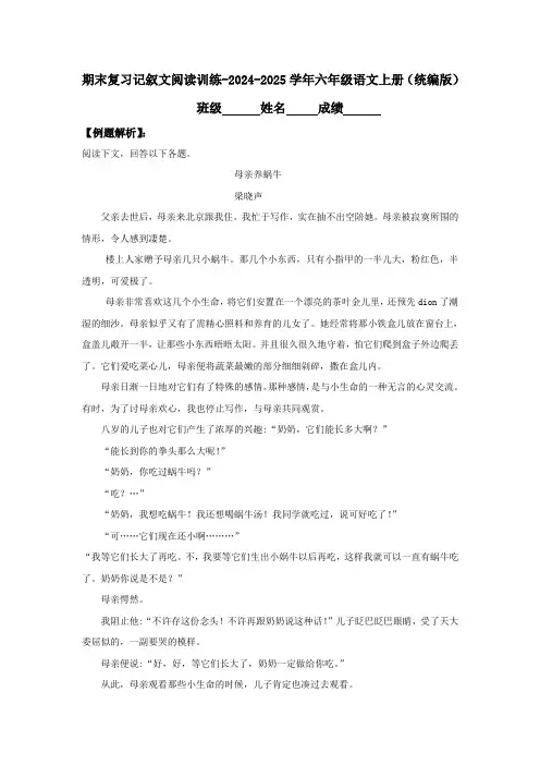 期末复习记叙文阅读训练-2024-2025学年六年级语文上册(统编版)
