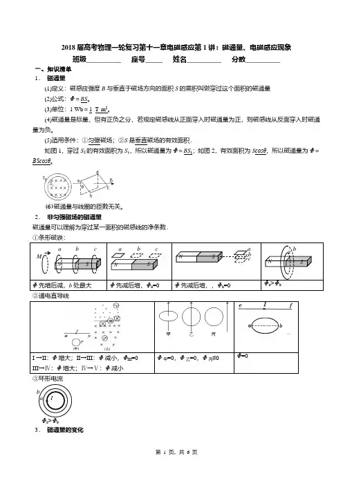 2018届高考物理一轮复习第十一章电磁感应第1讲：磁通量、电磁感应现象