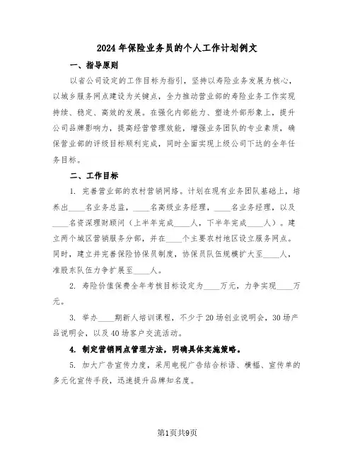 2024年保险业务员的个人工作计划例文（五篇）