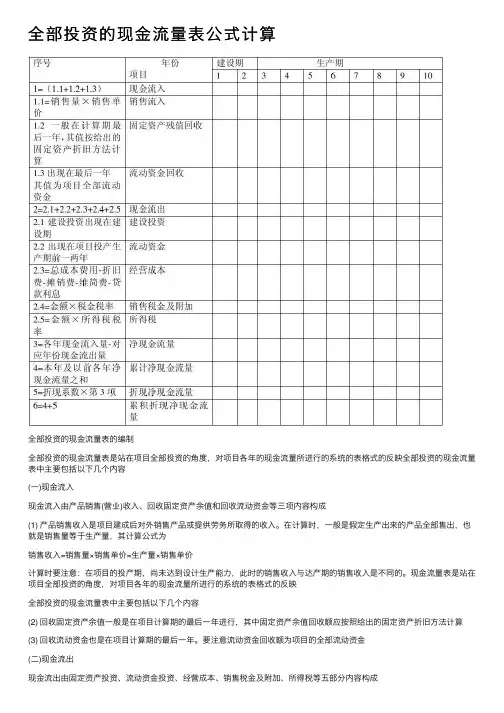 全部投资的现金流量表公式计算