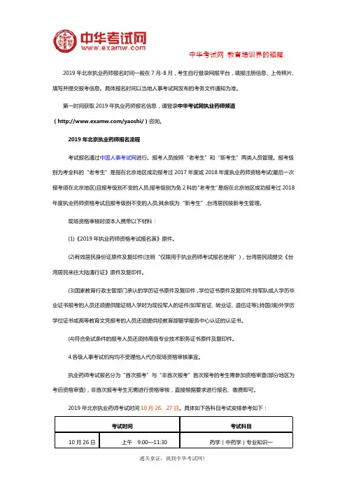 2019年北京执业药师报名时间