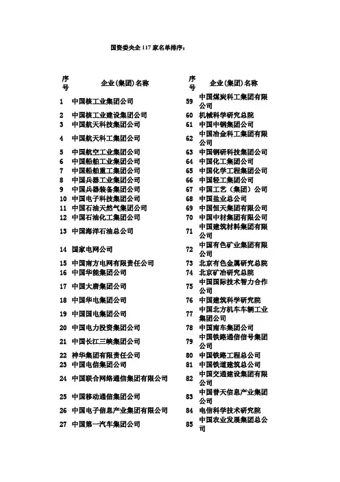 最新国资委央企117家名单排序