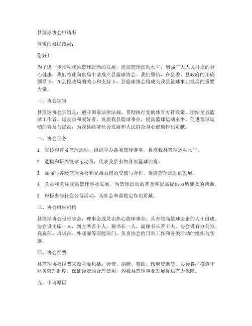 县篮球协会申请书范文模板