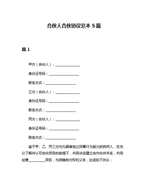 合伙人合伙协议范本5篇