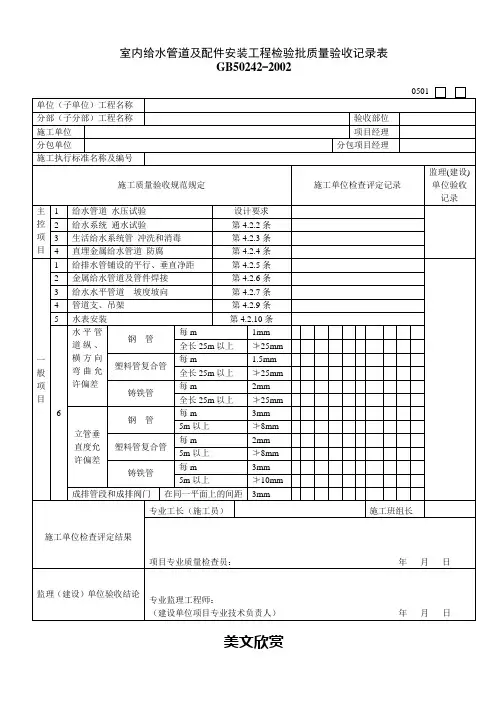 室内给水管道及配件安装工程检验批质量验收记录表