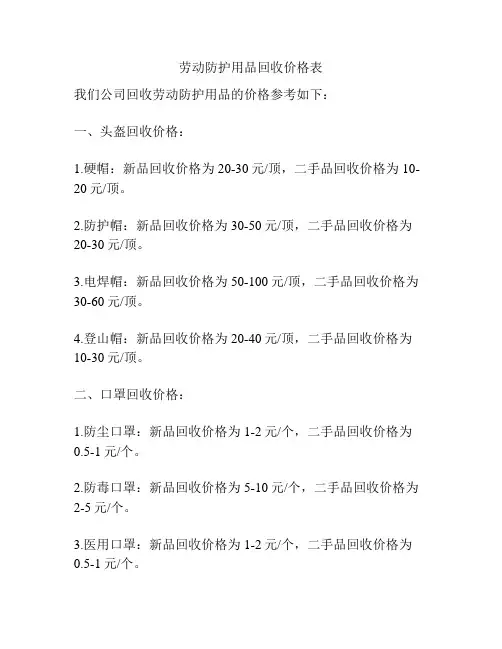 劳动防护用品回收价格表