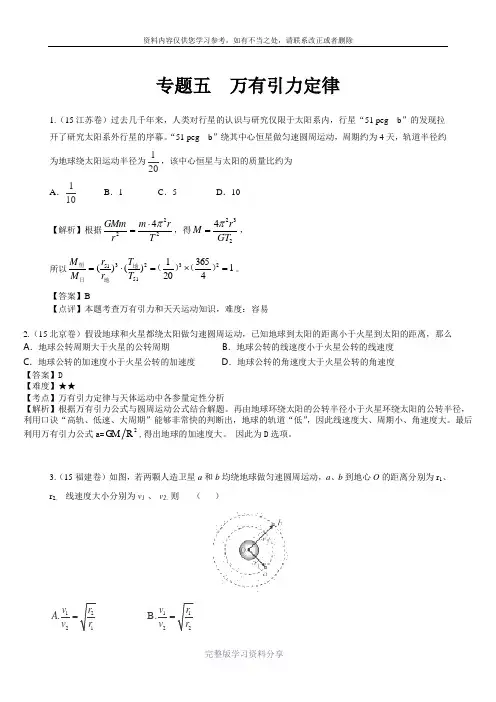 2015年高考物理试题分类汇编-万有引力定律