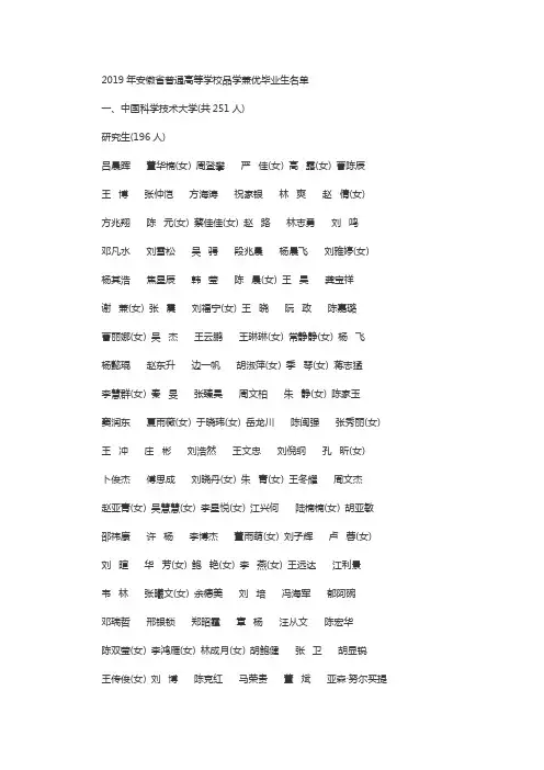 2019年安徽省普通高等学校品学兼优毕业生名单
