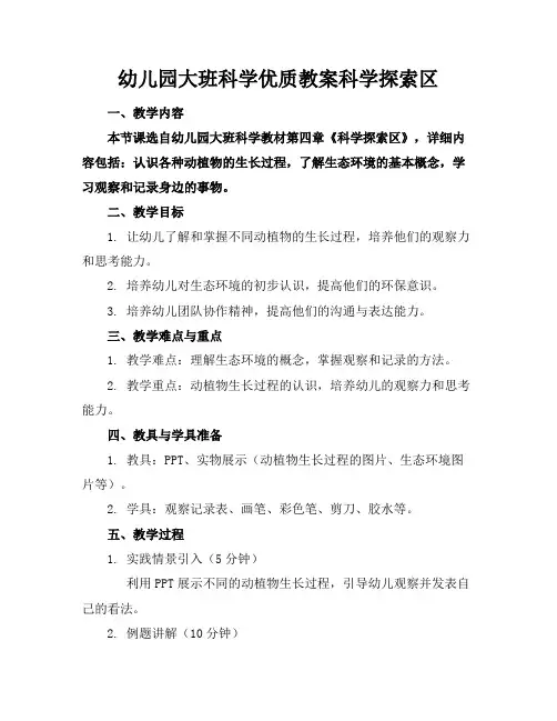 幼儿园大班科学优质教案科学探索区