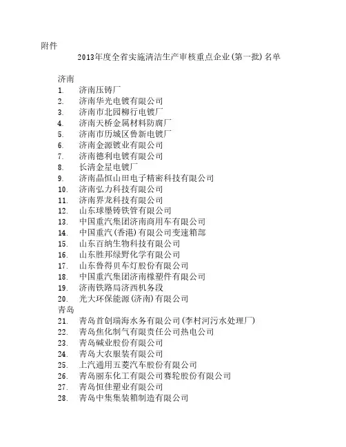 环保厅 2013年度全省实施清洁生产审核重点企业(第一批)名单