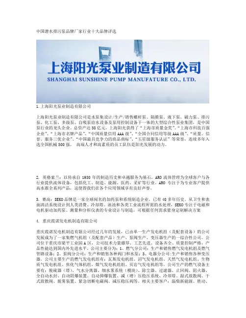中国潜水排污泵品牌厂家行业十大品牌评选