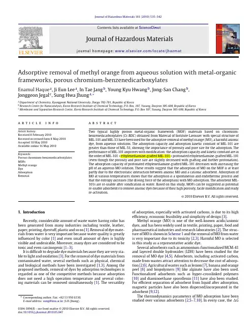 Adsorptive removal of methyl orange from aqueous solution with metal-organic frameworks