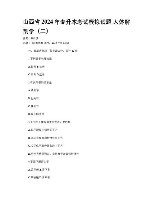 山西省2024年专升本考试模拟试题 人体解剖学（二）