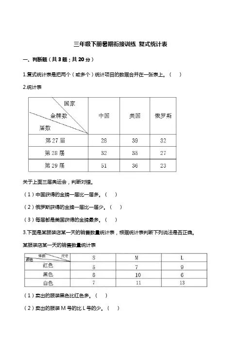人教版三年级下册数学试题-暑期衔接训练 复式统计表 (含解析)