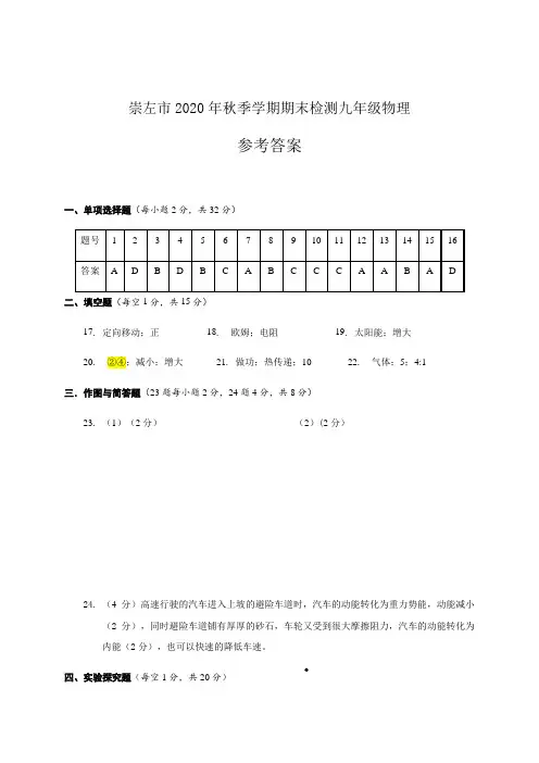 2020—2021学年广西崇左九上物理期末试题