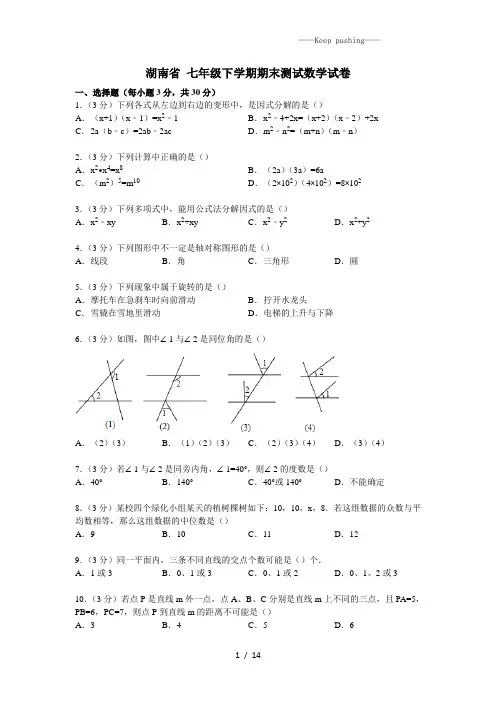 湖南省2023年七年级下学期期末测试数学试卷3