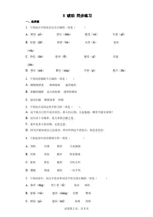 部编版四年级下册5琥珀   同步练习(含答案)