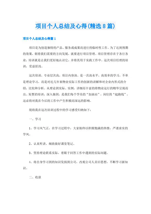 项目个人总结及心得(精选8篇)