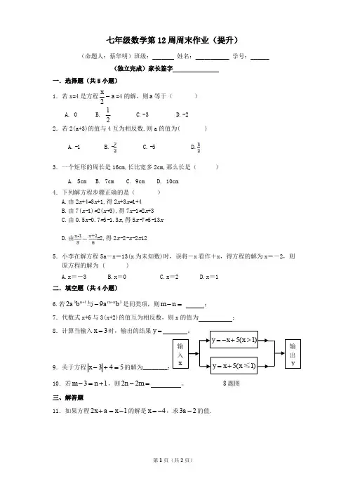 (七年级数学)第12周周末作业(提升)