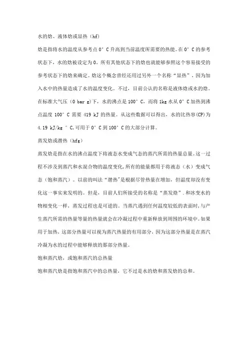 水的焓、蒸发焓或潜热、液体焓解释
