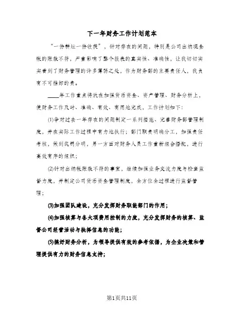 下一年财务工作计划范本（五篇）