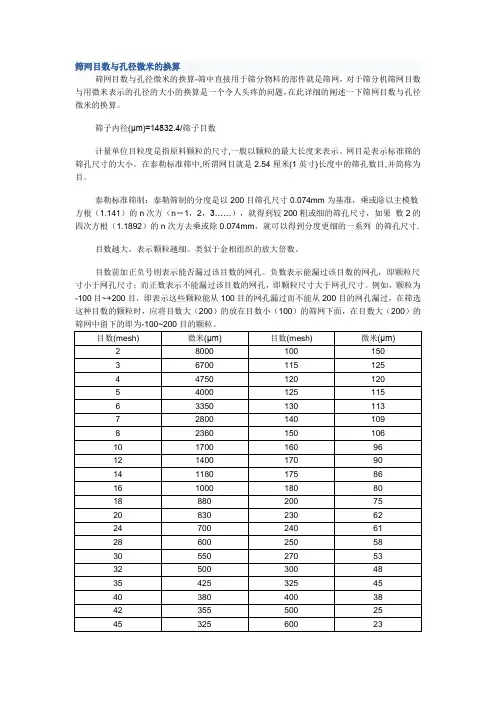 筛网目数与孔径微米的换算