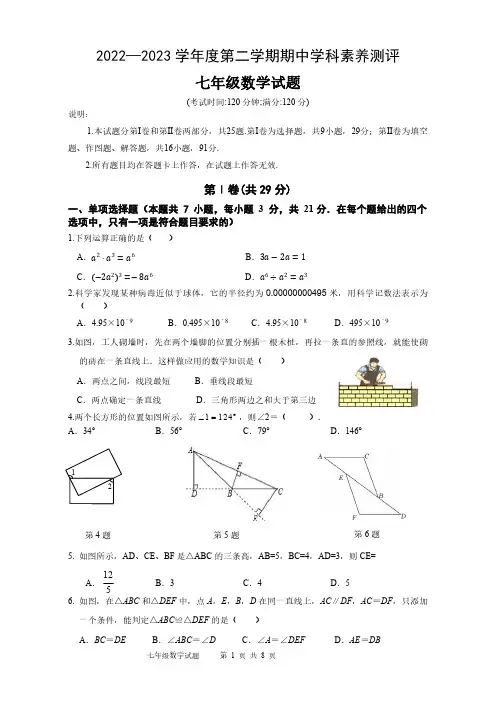 山东省青岛市2022-2023学年下学期期中数学学科素养七年级试题
