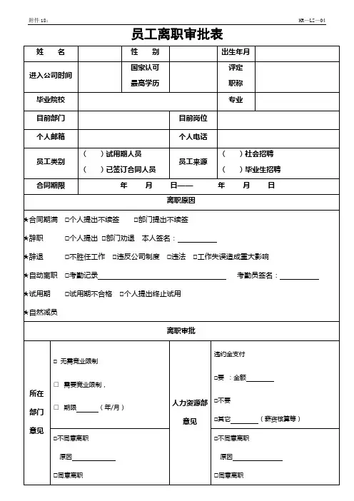 员工离职审批表