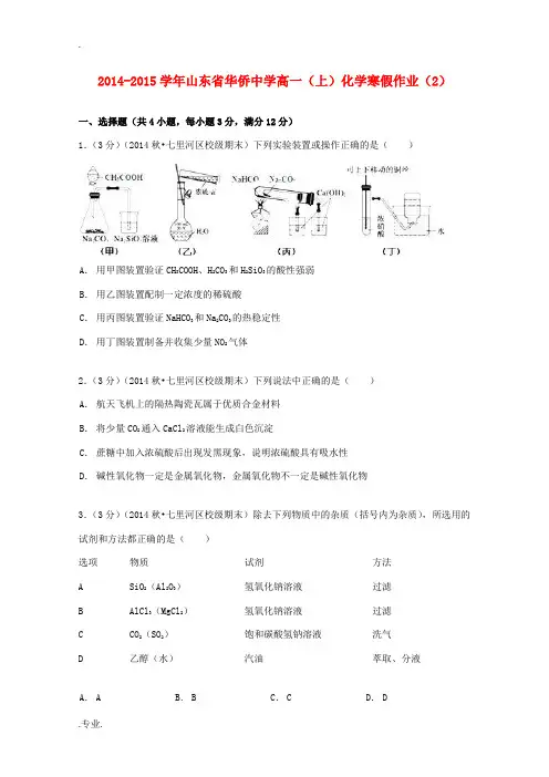 高一化学上学期寒假作业(2)(含解析)-人教版高一全册化学试题