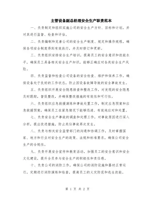 主管设备副总经理安全生产职责范本