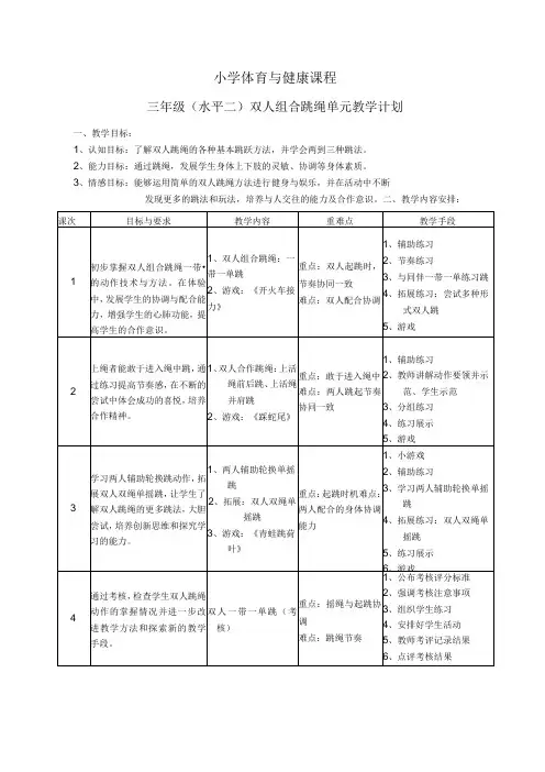 水平二三年级体育双人跳绳教学设计及教案附单元教学计划