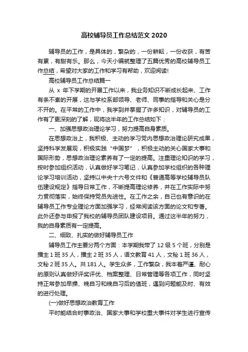 高校辅导员工作总结范文2020