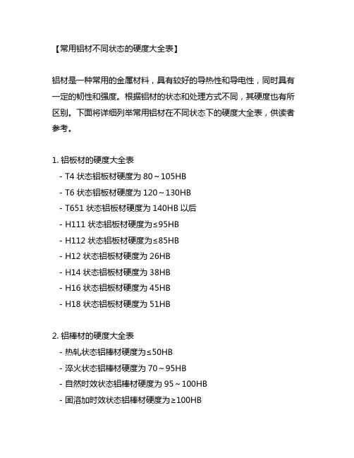 常用铝材不同状态的硬度大全表