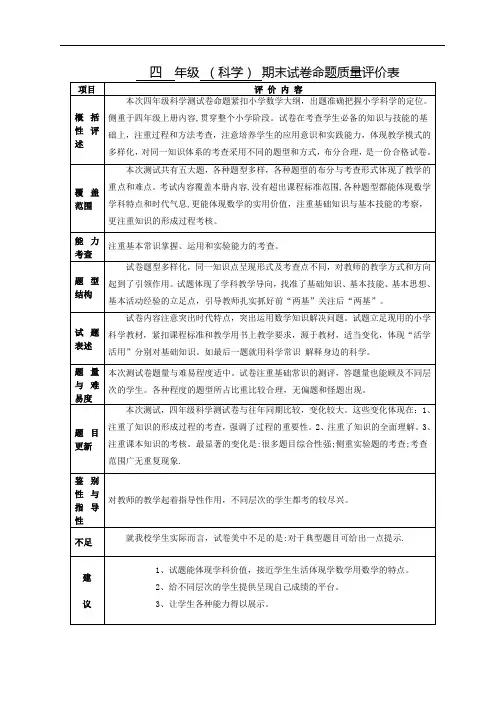 小学四年级科学试卷命题质量评价表