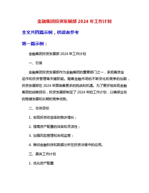 金融集团投资发展部2024年工作计划