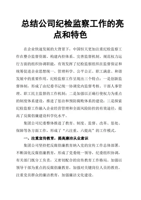 总结公司纪检监察工作的亮点和特色