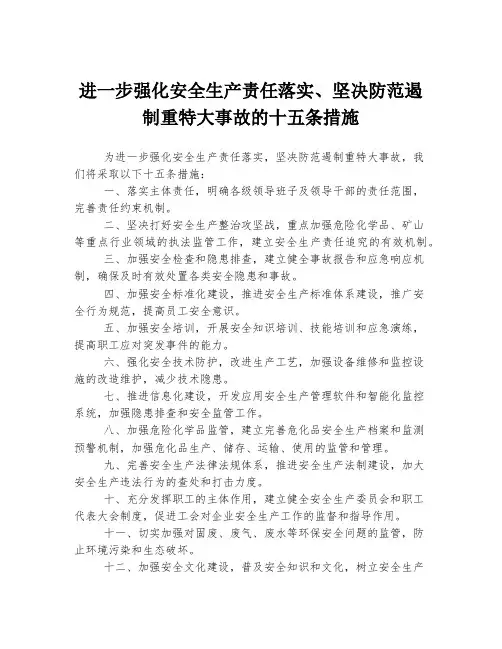进一步强化安全生产责任落实、坚决防范遏制重特大事故的十五条措施