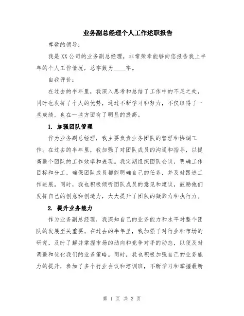 业务副总经理个人工作述职报告
