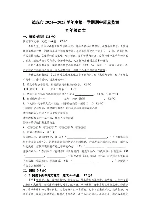 吉林省长春市德惠市2024-2025学年九年级上学期期中语文试题(含答案)