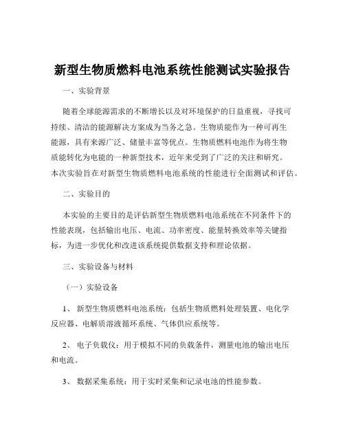 新型生物质燃料电池系统性能测试实验报告