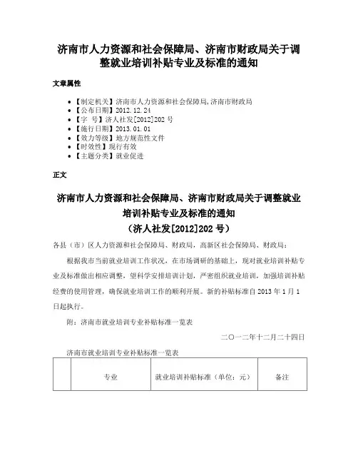 济南市人力资源和社会保障局、济南市财政局关于调整就业培训补贴专业及标准的通知