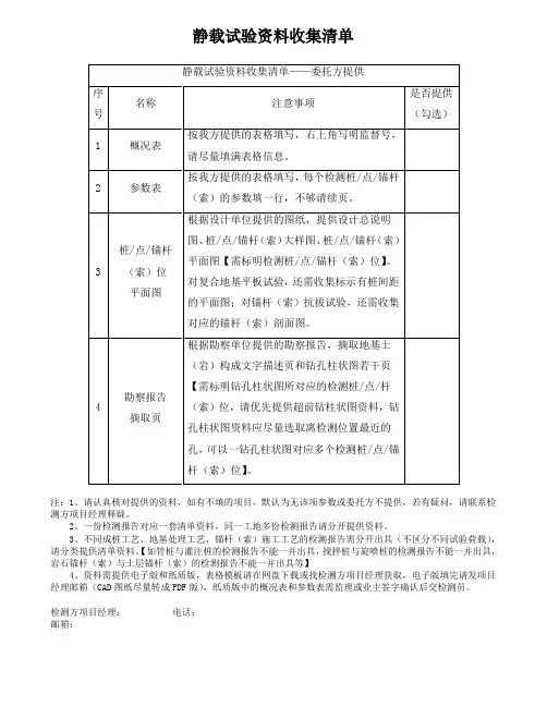 静载试验资料收集清单