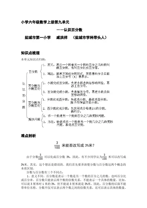 小学六年级数学上册第九单元《认识百分数》单元知识重点及练习