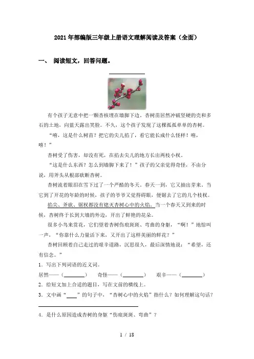 2021年部编版三年级上册语文理解阅读及答案(全面)