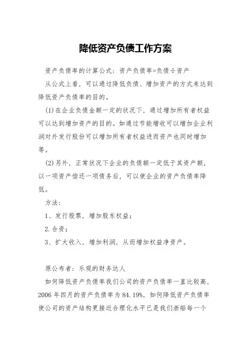 降低资产负债工作方案