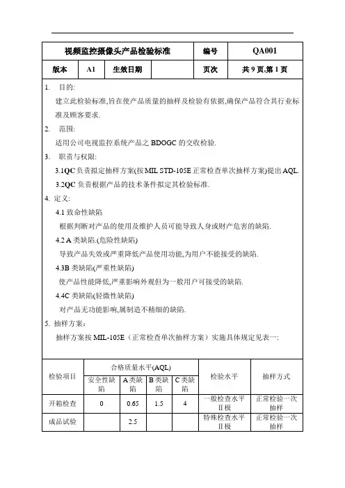 视频监控摄像头产品检验标准