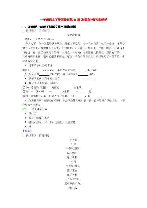 一年级语文下册阅读训练40篇(精编版)带答案解析